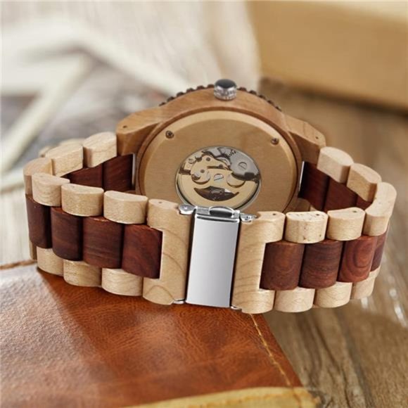 Men's Wooden Watch Skeleton Automatic Movement Wood Watch Self-Winding Watches - Picture 4 of 7
